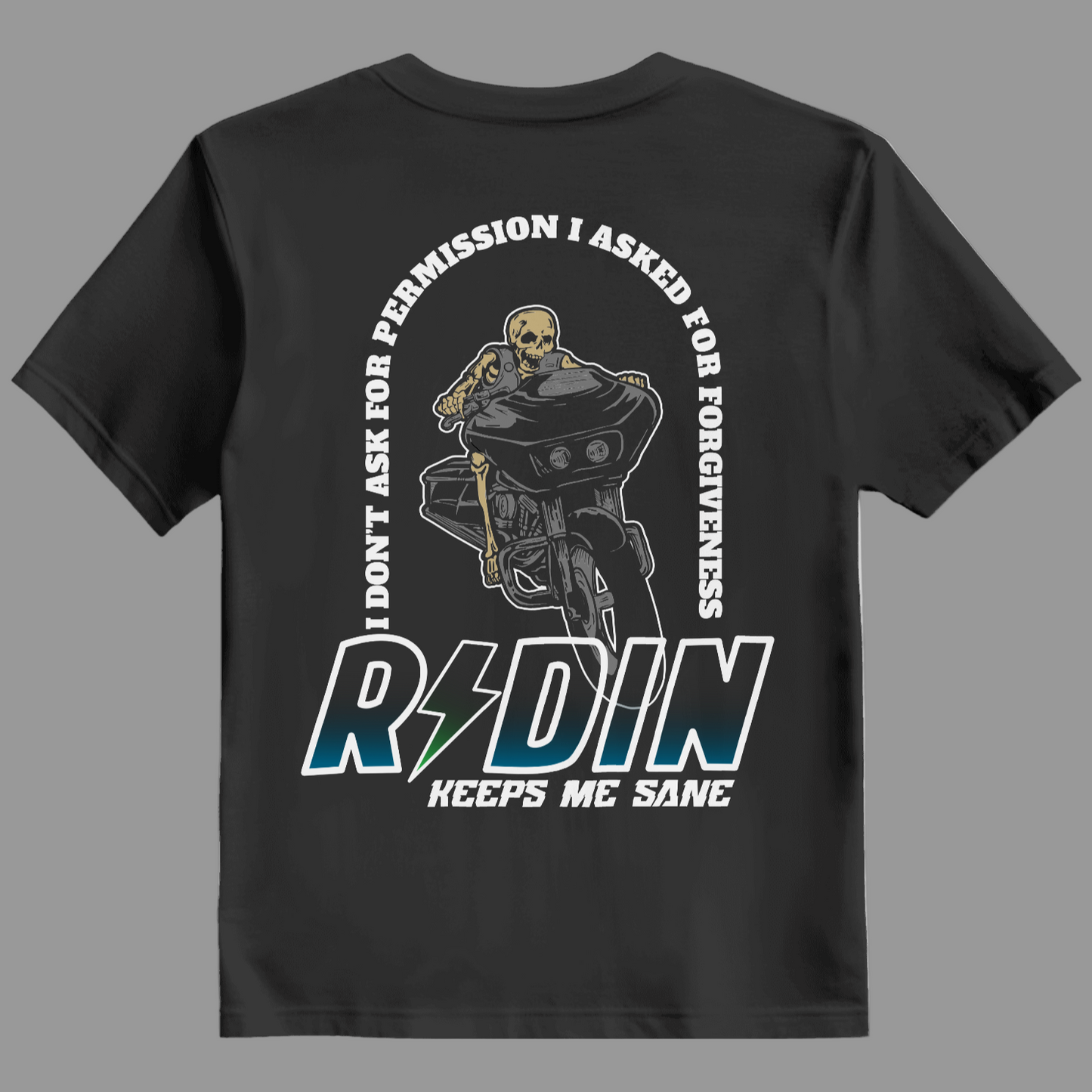 Black t-shirt with a graphic design of a skeleton on a motorcycle and text on a gray background