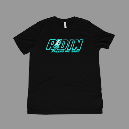 Black t-shirt with teal and white text on a beige surface
